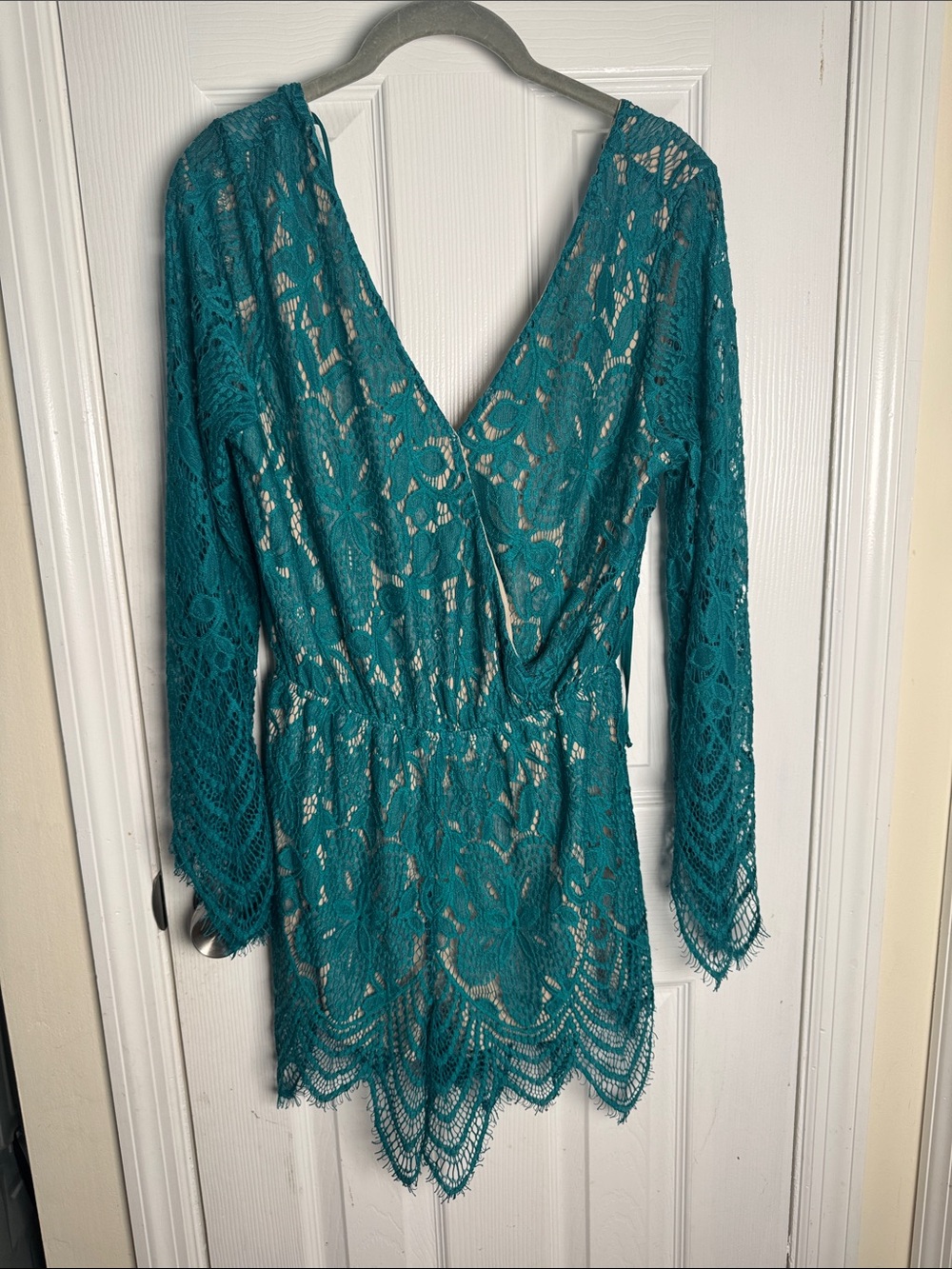 Teal Lace V-Neck Long Sleeve Romper